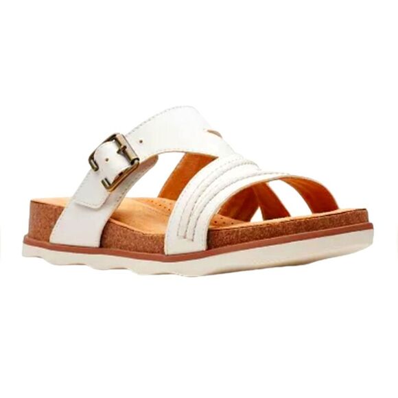 Clarks Slide‎ Sandals Brynn Hope Leather White Tan Slip On Flat Gold Buckle 7 - Picture 1 of 14
